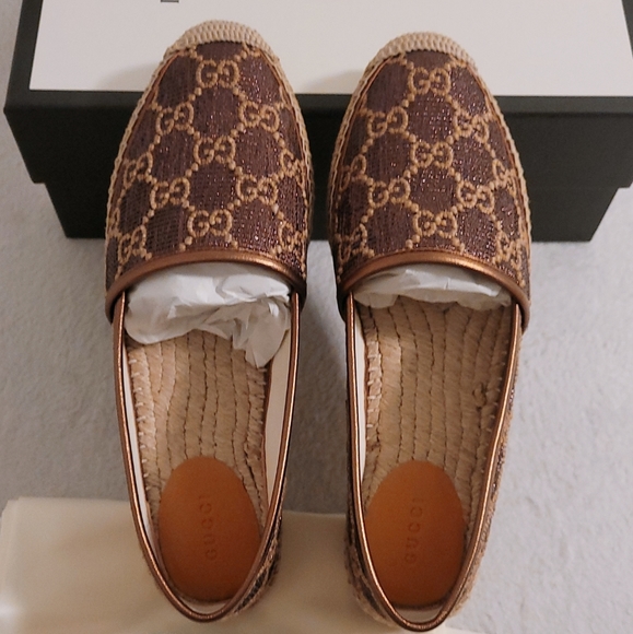Authentic Gucci Women GG Lamé Espadrille Shoes In Brown - Picture 8 of 13